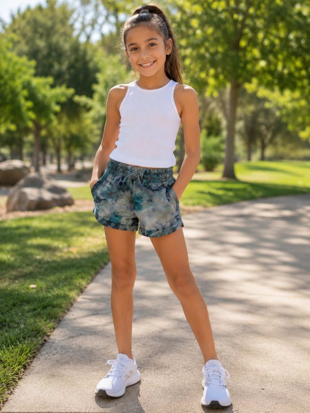 Athleta Girl Athletic Shorts XS 6 Tie Dye Blue Green Gray Activewear